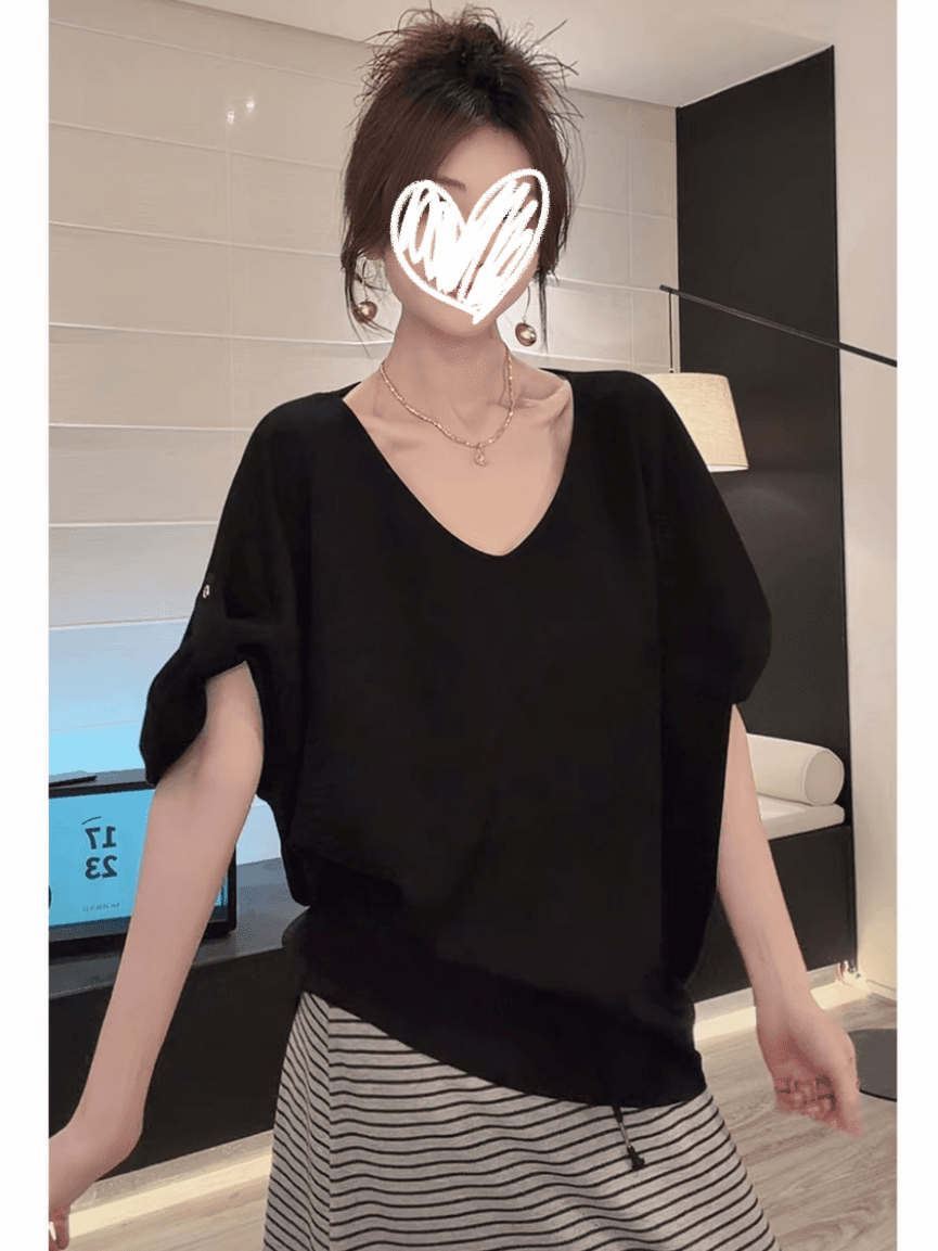 단색 V넥 대 네클라인 5 점 소매 티셔츠 여성 2026 여름 새로운 루즈핏 캐주얼 느긋한 바람 아름다운 맨위 트렌디 이미지 2