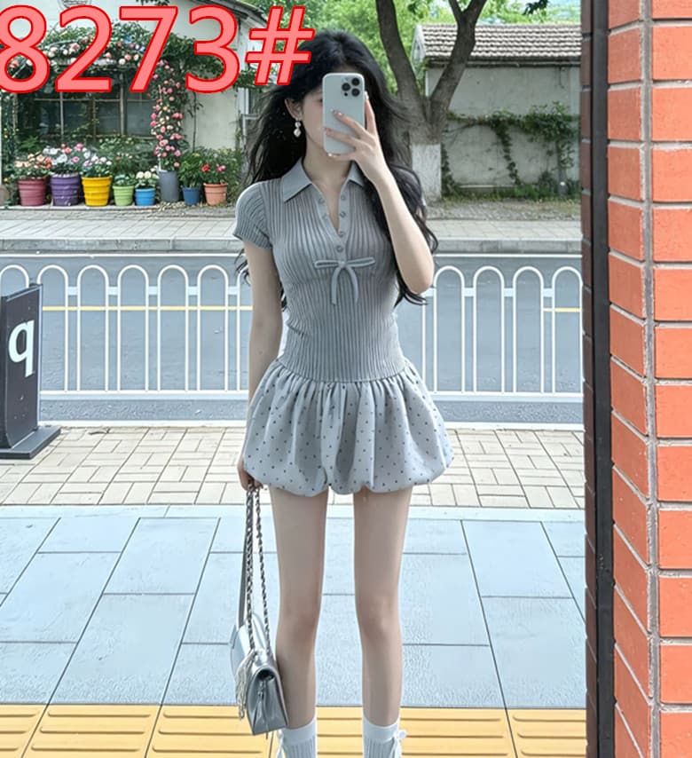 프랑스식 달콤한 매운맛 바람 POLO 칼라 도트 무늬 드레스 여름 2026 새로운 회색 아름다운 연령 감소 허리 수축 퍼프 스커트