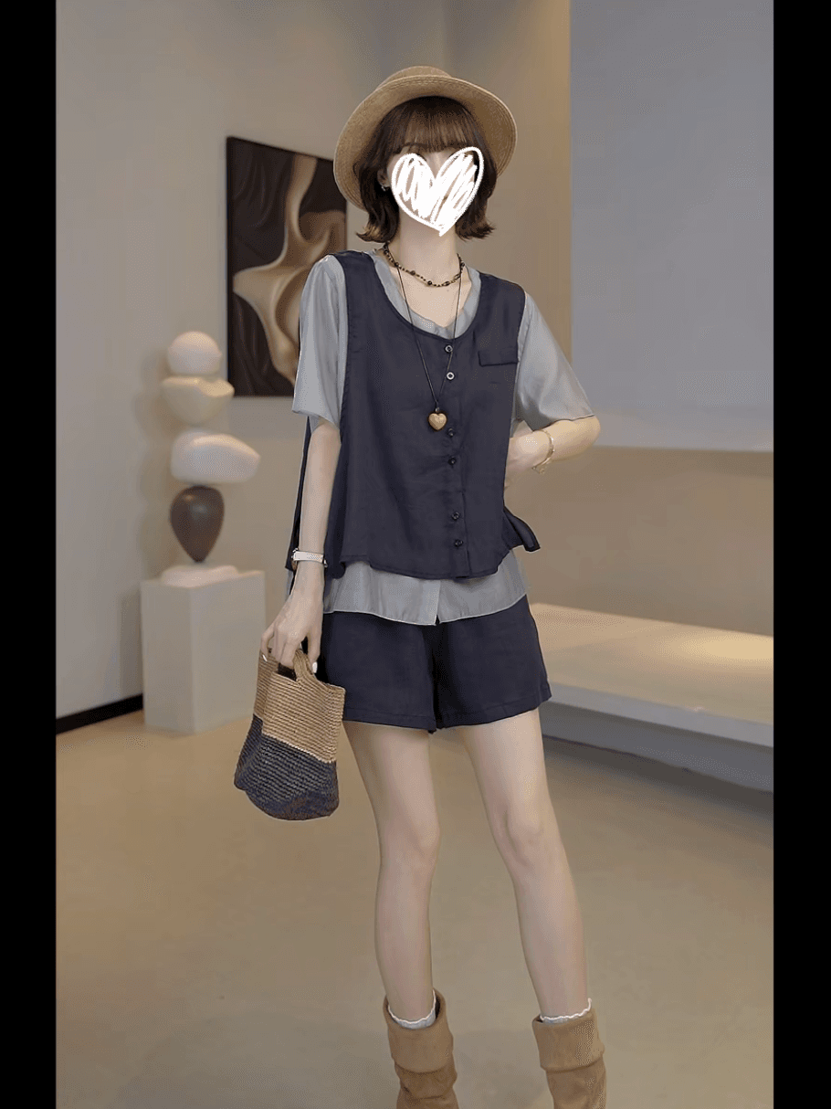 자이언트 잘 생긴 여름 드레스 전체 집합 한 부서 패션 배색 패치워크 페이크 레이어드 반팔 맨위 하이웨이스트 반바지 투피스 세트 상세 이미지 2