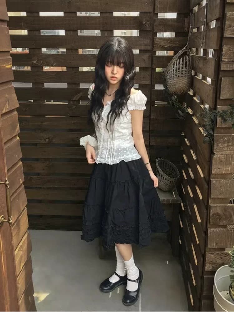 loveheynew 미니멀리즘 단색 프릴 반신 스커트 여성 이른 가을 부드러운 달콤함 하이웨이스트 다용도 중간 길이 스커트 상세 이미지 4