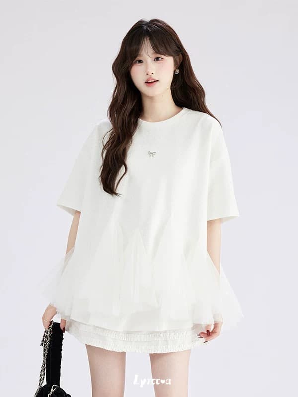 lyrccoa 공식 승인 망사 패치워크 핫픽스 라운드 넥 반팔 t 이미지 3