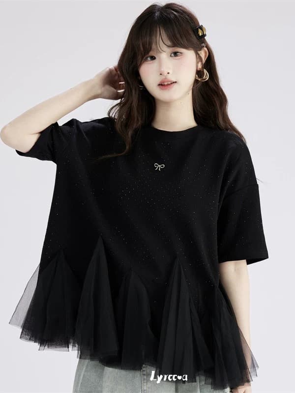 lyrccoa 공식 승인 망사 패치워크 핫픽스 라운드 넥 반팔 t 이미지 4