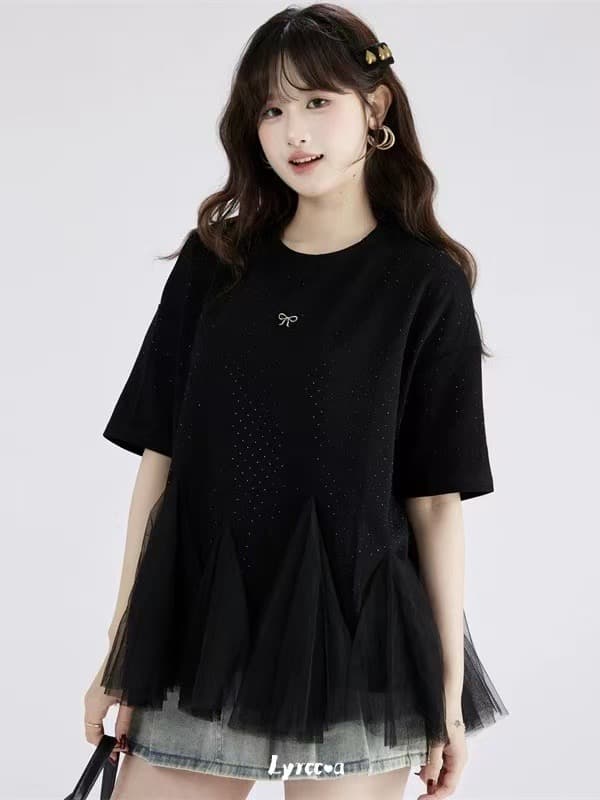 lyrccoa 공식 승인 망사 패치워크 핫픽스 라운드 넥 반팔 t 이미지 2