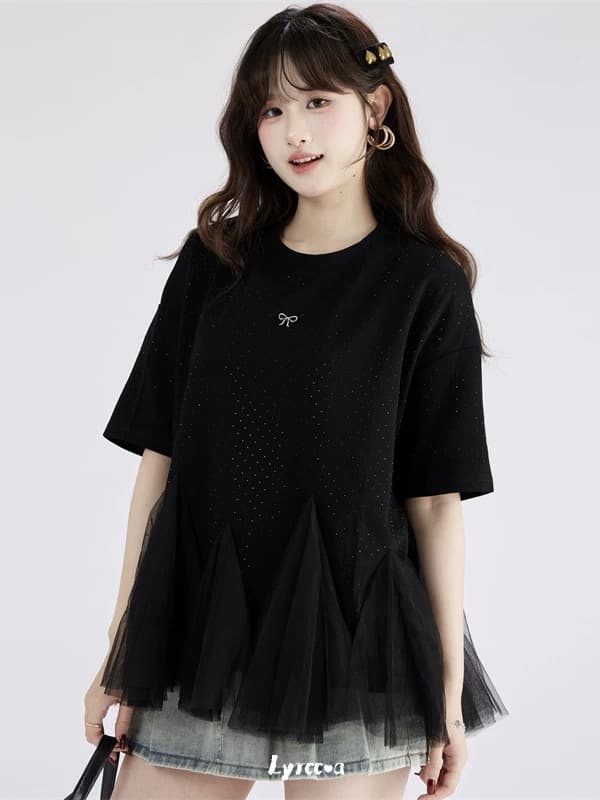 lyrccoa 공식 승인 망사 패치워크 핫픽스 라운드 넥 반팔 t 상세 이미지 3