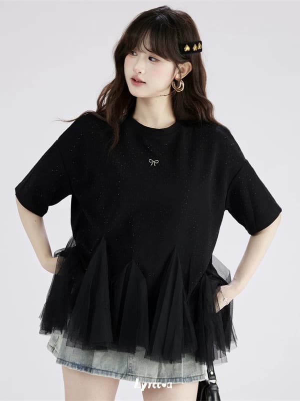 lyrccoa 공식 승인 망사 패치워크 핫픽스 라운드 넥 반팔 t 상세 이미지 5