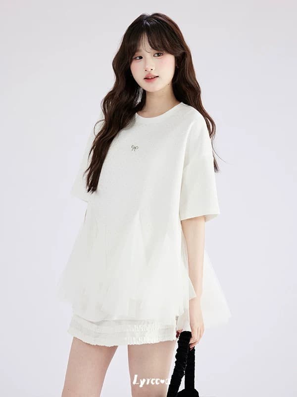 lyrccoa 공식 승인 망사 패치워크 핫픽스 라운드 넥 반팔 t 상세 이미지 7