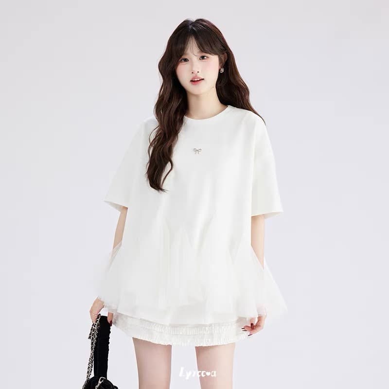 lyrccoa 공식 승인 망사 패치워크 핫픽스 라운드 넥 반팔 t 상세 이미지 8