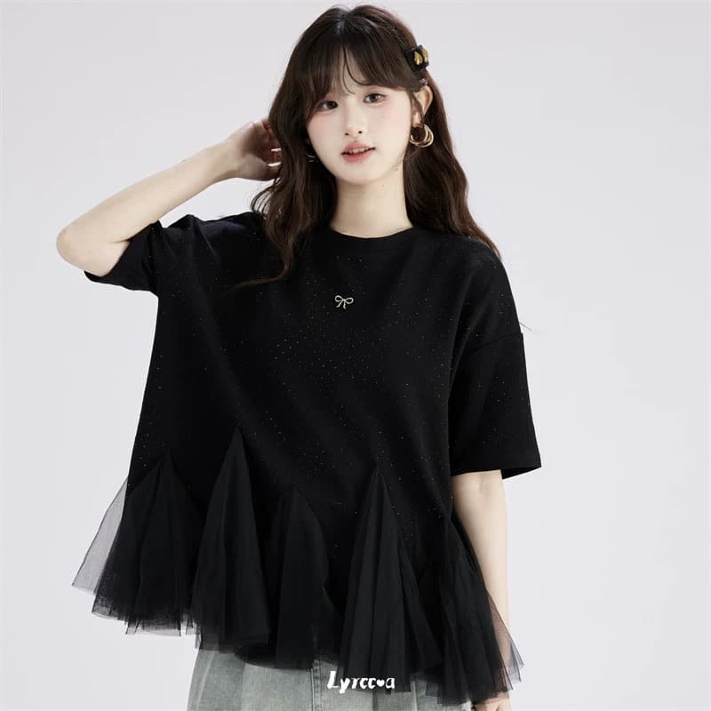 lyrccoa 공식 승인 망사 패치워크 핫픽스 라운드 넥 반팔 t 상세 이미지 9