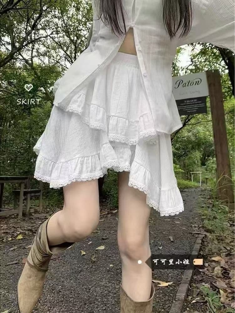 불규칙 레이스 레이스 반신 스커트 디자인 센스 케이크 미니 스커트