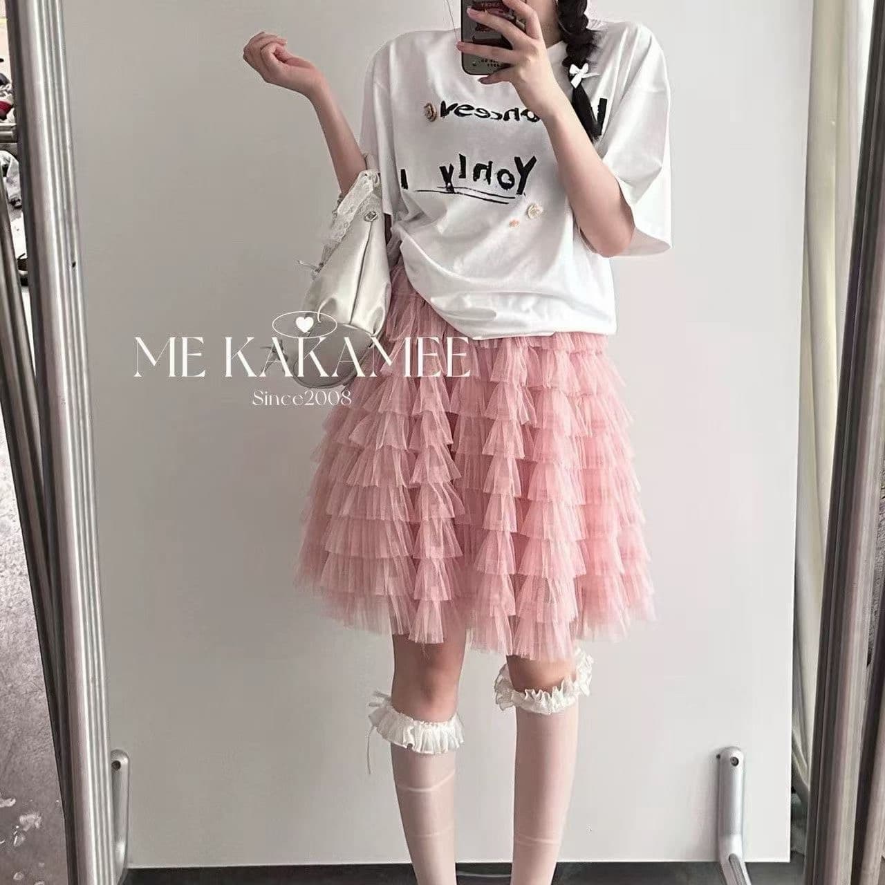 me kakamee 여름 신제품 한 세대 같은 단락 레이스 계층의 감각 퍼프 거즈 스커트 반신 스커트 미니 스커트 상세 이미지 4