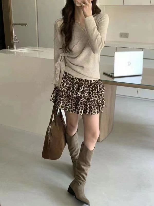 레트로 프릴 레오파드 무늬 반신 스커트 여성 2026 새로운 여름 슬림해 보이는 허리밴드 반 스커트 케이크 드레스 미니 스커트 여성 이미지 2