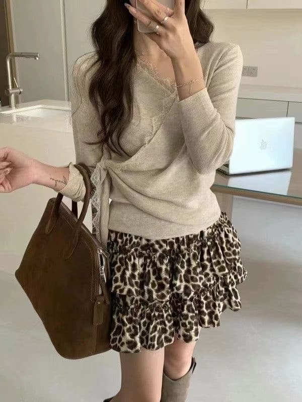 레트로 프릴 레오파드 무늬 반신 스커트 여성 2026 새로운 여름 슬림해 보이는 허리밴드 반 스커트 케이크 드레스 미니 스커트 여성 상세 이미지 3