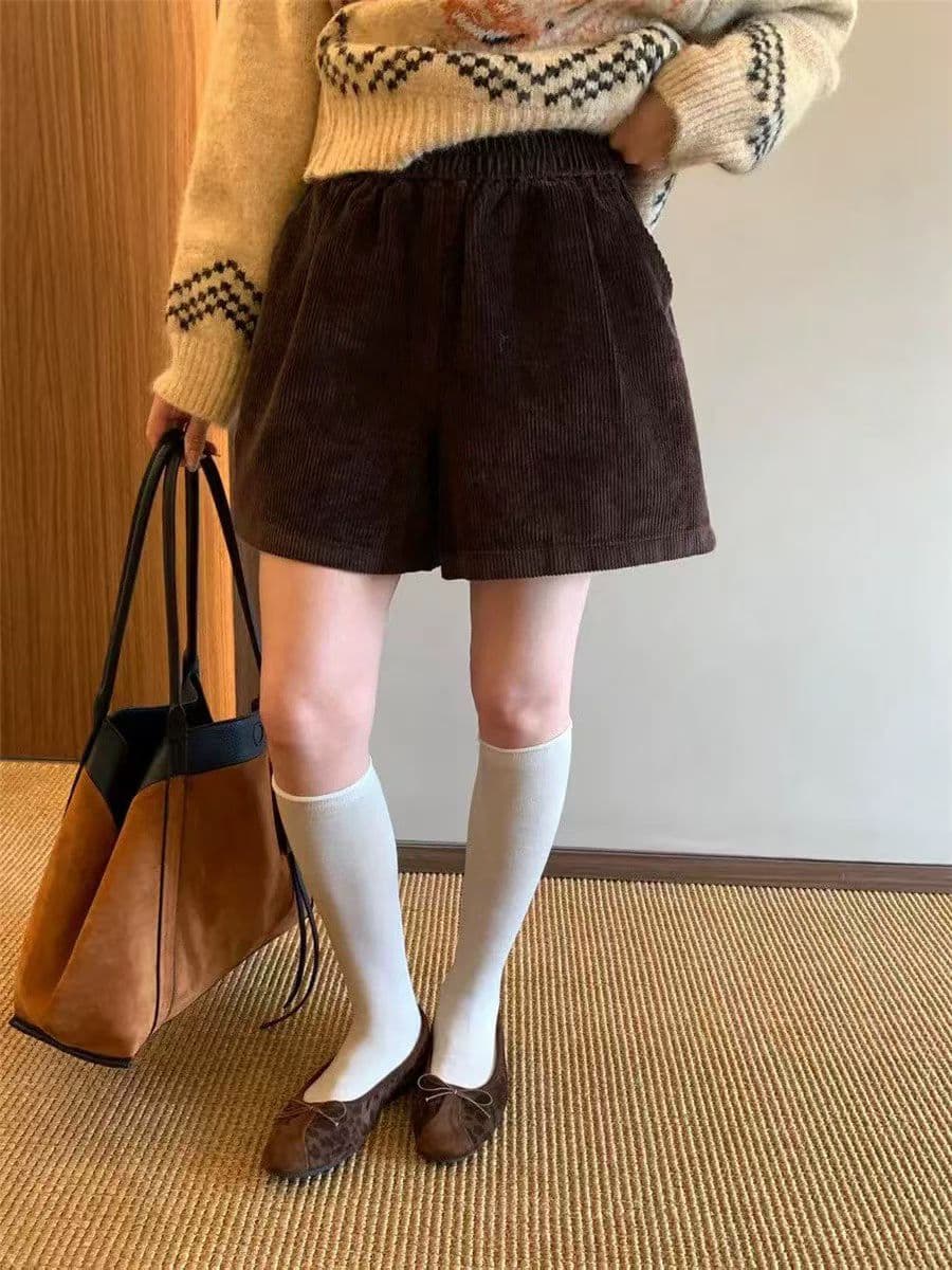 hers 미니멀리즘 레트로 일상 다용도 코듀로이 캐주얼 바지 여성 가을 한 부서 출퇴근 단색 루즈핏 반바지 상세 이미지 2