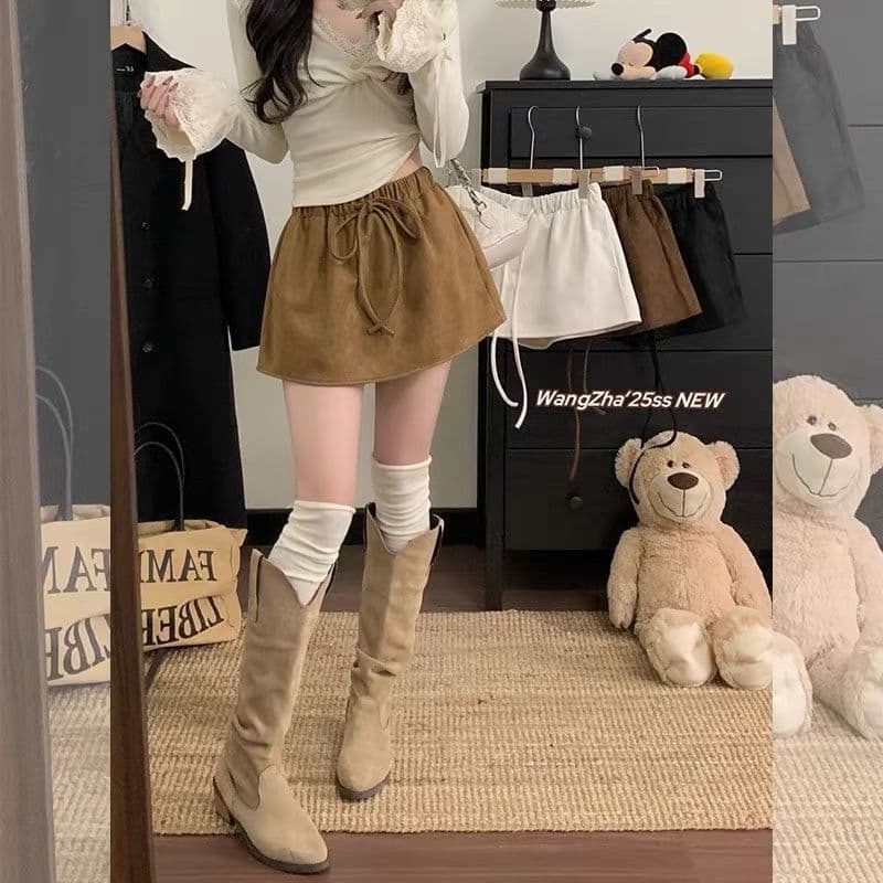 가을 겨울 작은 대중 디자인 센스 스웨이드 원단 펌프 로프 레이스업 허리밴드 미니 스커트 여성 다용도 슬림해 보이는 디스플레이 높음 반신 치마바지 상세 이미지 2
