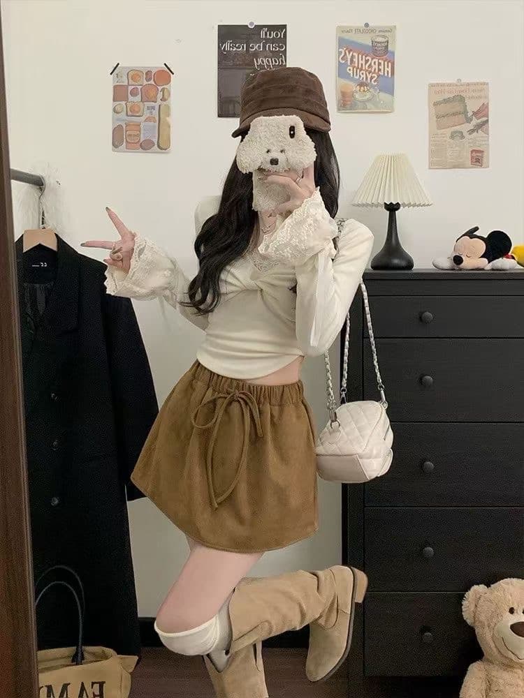 가을 겨울 작은 대중 디자인 센스 스웨이드 원단 펌프 로프 레이스업 허리밴드 미니 스커트 여성 다용도 슬림해 보이는 디스플레이 높음 반신 치마바지 상세 이미지 4