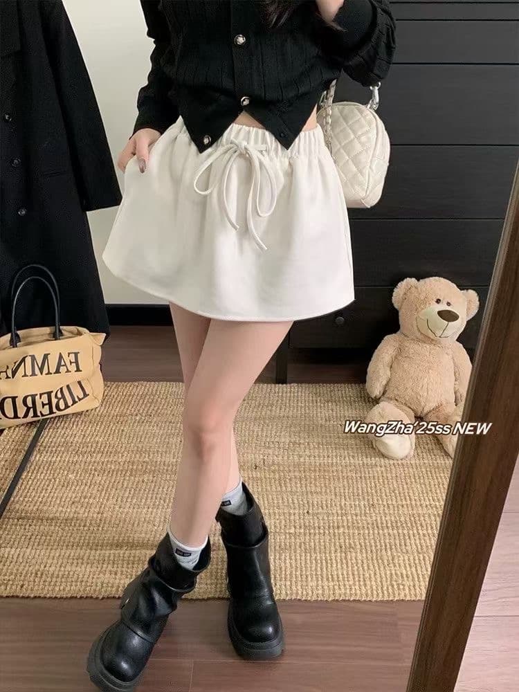 가을 겨울 작은 대중 디자인 센스 스웨이드 원단 펌프 로프 레이스업 허리밴드 미니 스커트 여성 다용도 슬림해 보이는 디스플레이 높음 반신 치마바지 상세 이미지 5