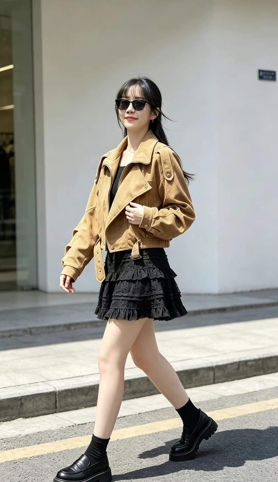 한 부서 레트로 느긋한 풍차 털 스웨이드 원단 폴로 칼라 재킷 여성 코트 봄 가을 새로운 캐주얼 벨트 오토바이 서비스 이미지 3