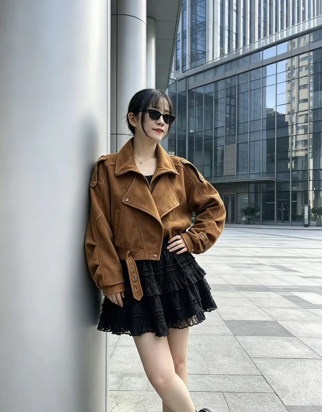 한 부서 레트로 느긋한 풍차 털 스웨이드 원단 폴로 칼라 재킷 여성 코트 봄 가을 새로운 캐주얼 벨트 오토바이 서비스 상세 이미지 3