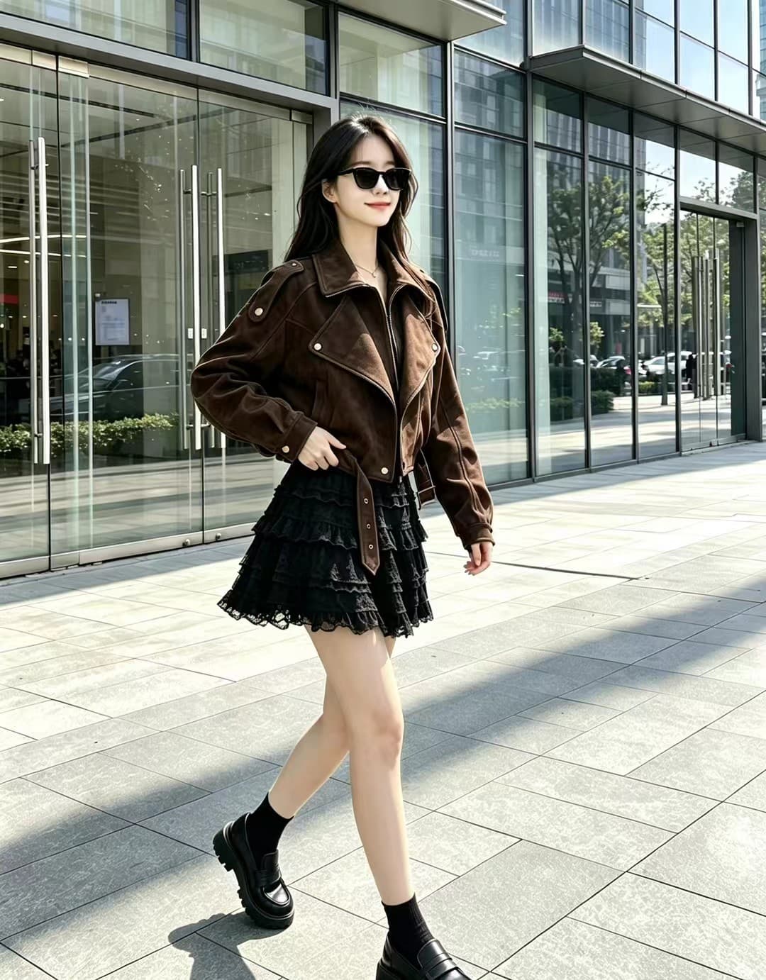 한 부서 레트로 느긋한 풍차 털 스웨이드 원단 폴로 칼라 재킷 여성 코트 봄 가을 새로운 캐주얼 벨트 오토바이 서비스 상세 이미지 8