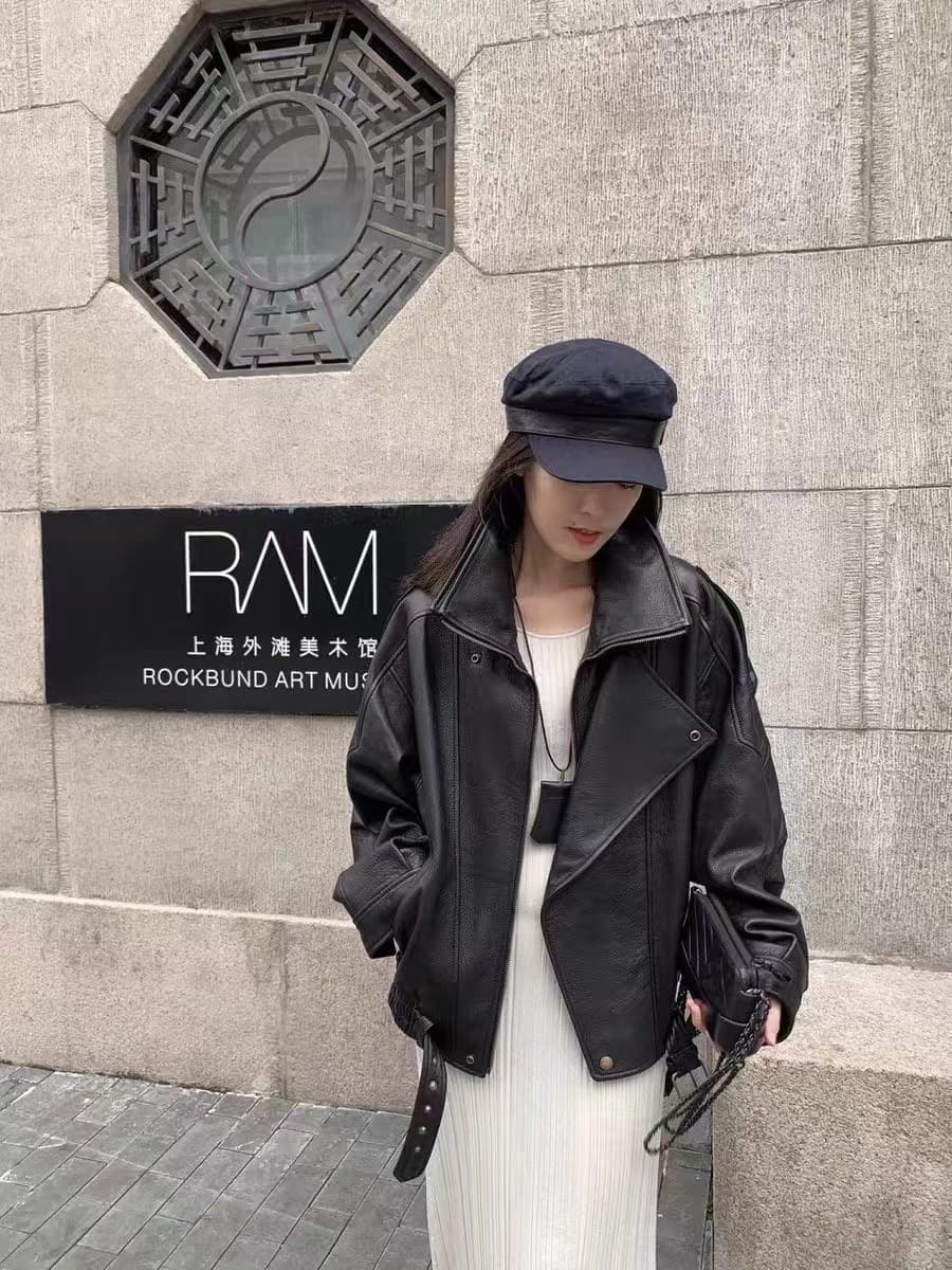 하이닝 새로운 특별 가격 버블 가죽 오토바이 재킷 루즈핏 가죽 재킷 2026 새로운 프로필 모양 이중층 칼라 쇼트 스타일 여성 코트 상세 이미지 6
