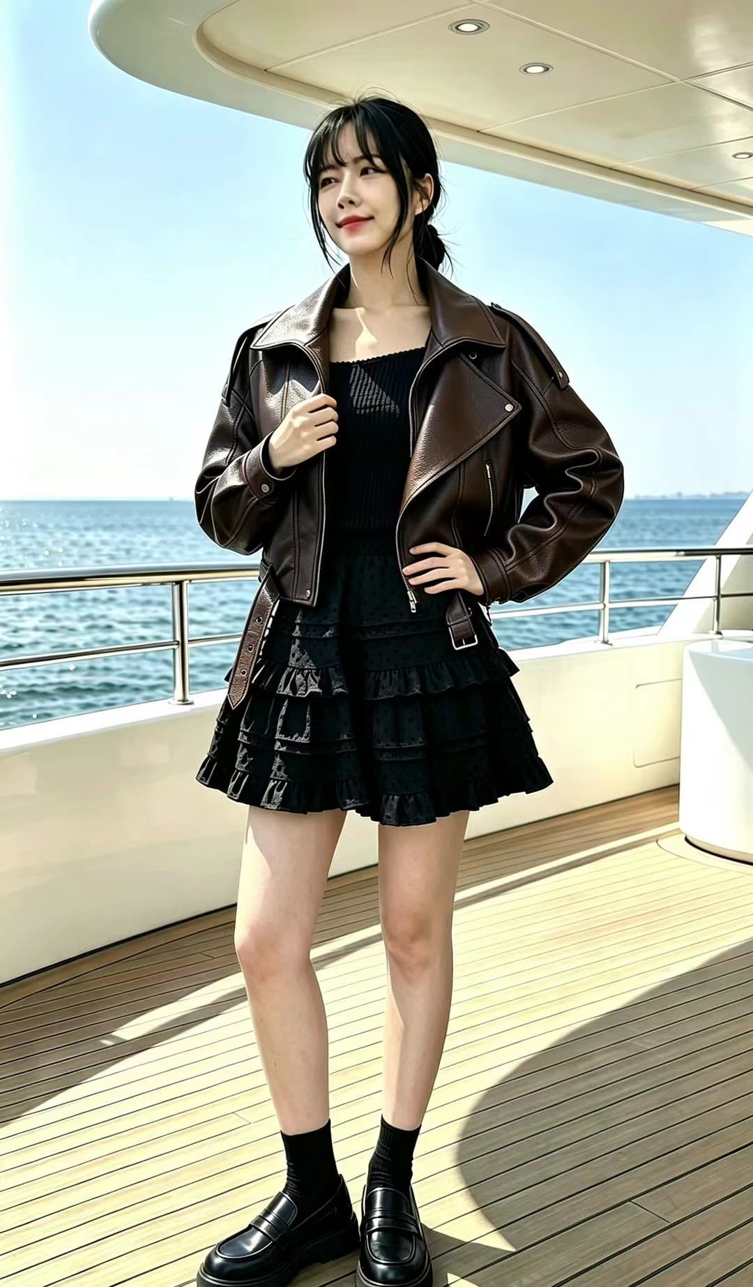 아메리칸 브라운 캐주얼 차가운 잘 생긴 레트로 폴로 칼라 오토바이 가죽 재킷 여성 가을 새로운 고급 센스 작은 키 재킷 상세 이미지 9