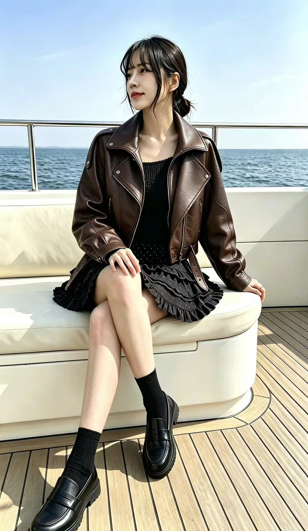아메리칸 브라운 캐주얼 차가운 잘 생긴 레트로 폴로 칼라 오토바이 가죽 재킷 여성 가을 새로운 고급 센스 작은 키 재킷 상세 이미지 19