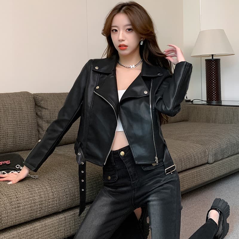 정장 칼라 가죽 재킷 여성 코트 봄 가을 쇼트 스타일 2026 새로운 폭발 고급 센스 레트로 오토바이 서비스 pu 가죽 자켓 상세 이미지 4