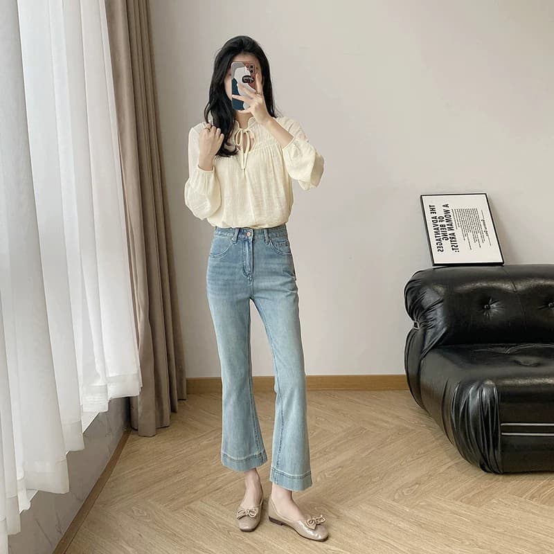 배 종류 몸 바지 아이들 배색 패치워크 청바지 빅 사이즈 통통한 여동생 이른 가을 새로운 슬림해 보이는 스트레이트 담배 파이프 바지 이미지 2