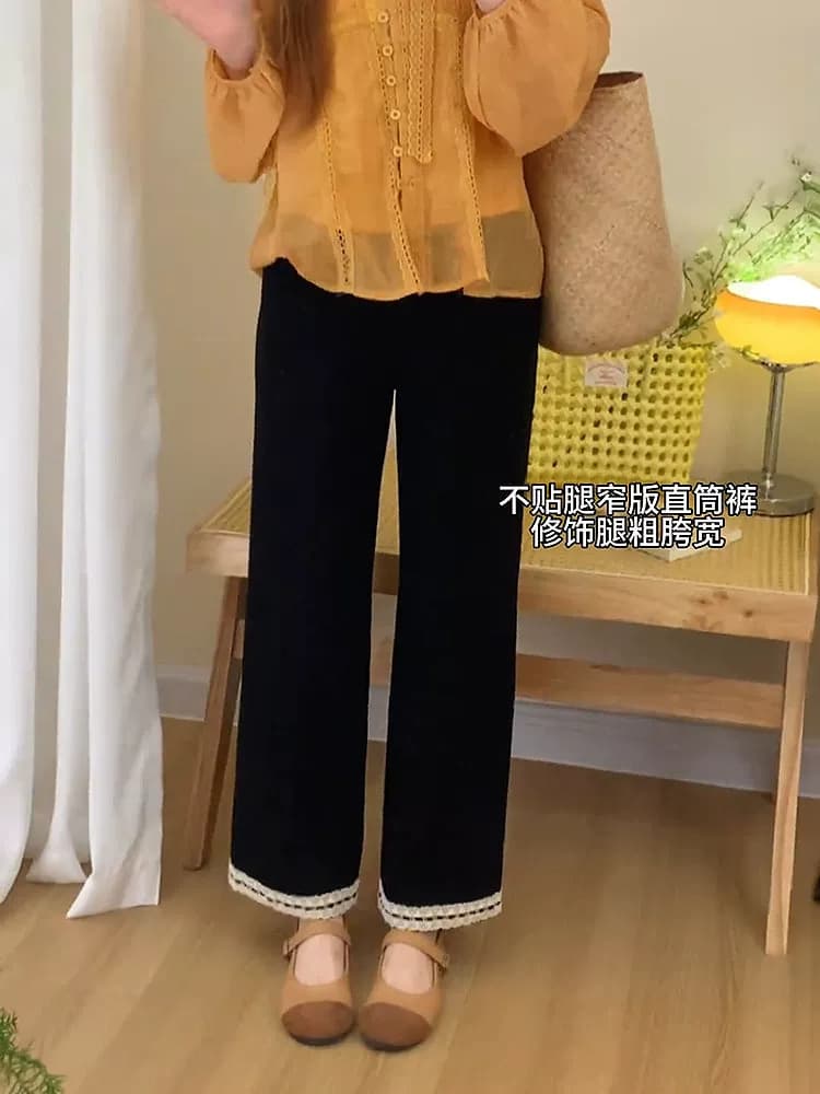 검정색 레이스 캐주얼 바지 여성 2026 봄 새로운 통통한 여동생 mm 몸매 가꾸기 슬림해 보이는 신축성 9 포인트 스트레이트 바지 이미지 2