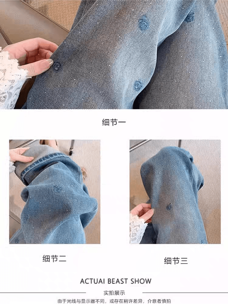 파란색 자수 핫픽스 넓은 다리 청바지 여성 봄 새로운 빅 사이즈 하이웨이스트 슬림해 보이는 캐주얼 다용도 스트레이트 긴 바지 상세 이미지 2