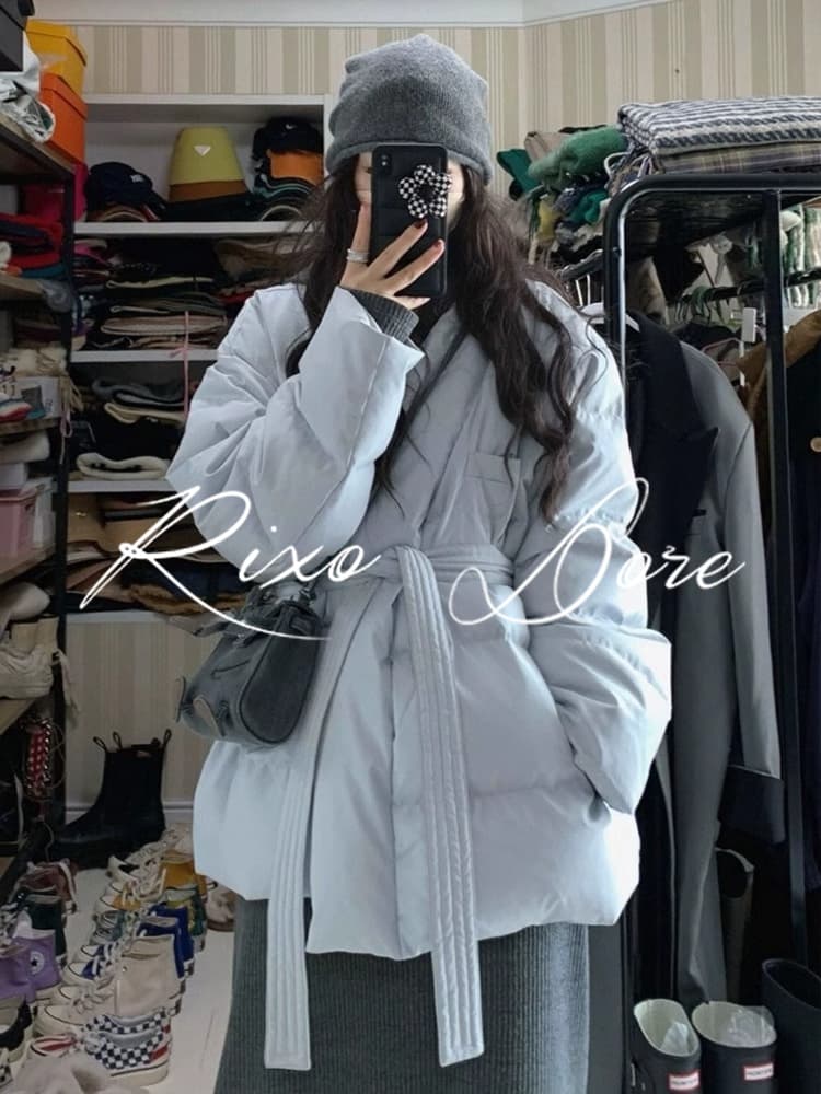 여성 가을 겨울철 면 옷 면 의류 벨트 파란색 고급 센스 털이 있는 레트로 디자인 재킷 이미지 4
