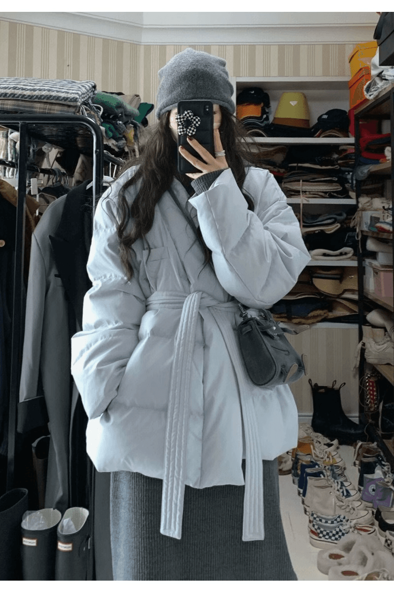 여성 가을 겨울철 면 옷 면 의류 벨트 파란색 고급 센스 털이 있는 레트로 디자인 재킷 상세 이미지 5