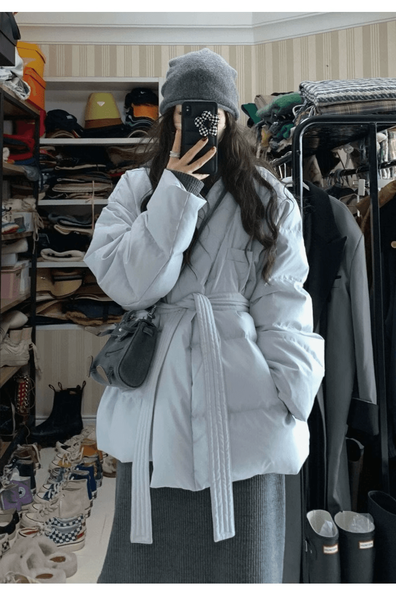 여성 가을 겨울철 면 옷 면 의류 벨트 파란색 고급 센스 털이 있는 레트로 디자인 재킷 상세 이미지 6