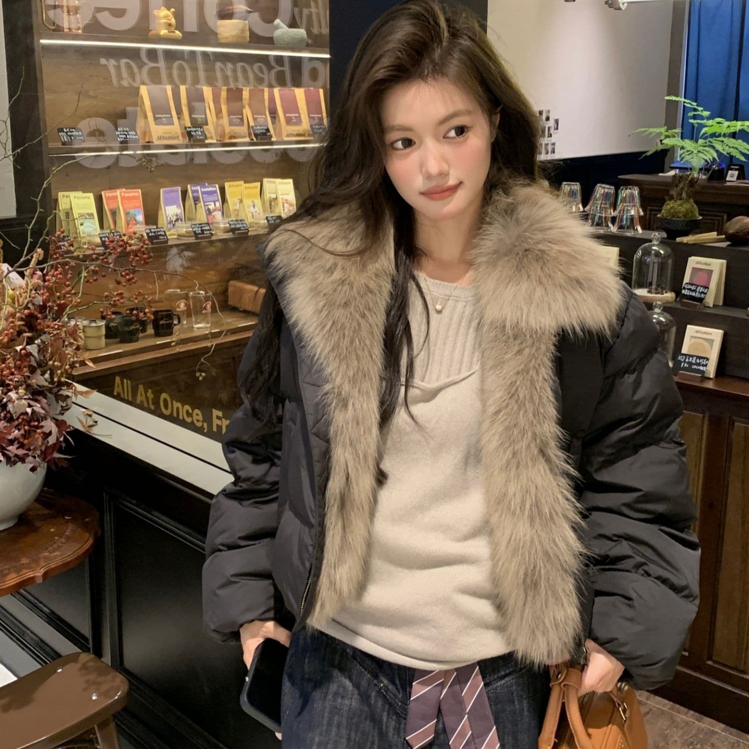 학원 패치워크 쇼트 스타일 아래 면화 의류 여성 모방 여우 모피 칼라 루즈핏 두꺼운 작은 키 한국 스타일 빵 외투 이미지 3