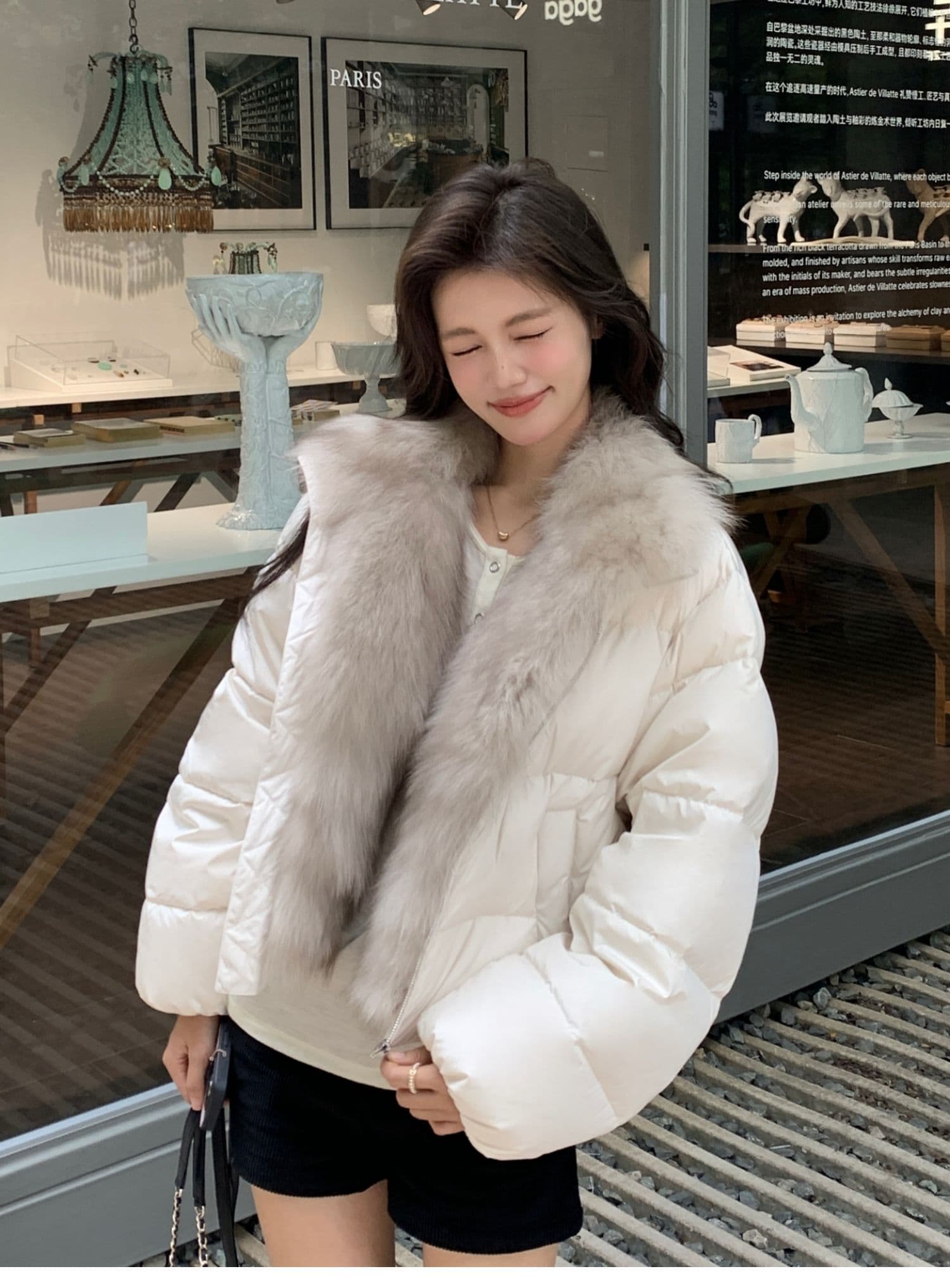 학원 패치워크 쇼트 스타일 아래 면화 의류 여성 모방 여우 모피 칼라 루즈핏 두꺼운 작은 키 한국 스타일 빵 외투 상세 이미지 9