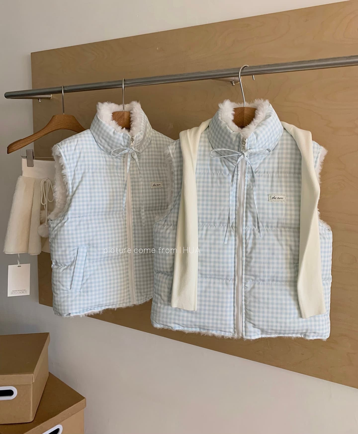 theture 첫 눈 달콤한 섬 다운 재킷 베스트 여성 코트 스탠드 칼라 두꺼운 보온 조끼 가을 겨울 새로운 체크무늬 상세 이미지 5