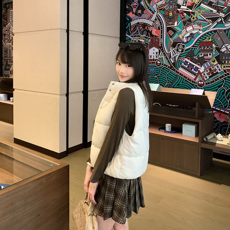 한 부서 Chic 패치워크 체크무늬 스탠드 칼라 베스트 면 의류 여성 작은 키 겨울 두꺼운 보온 방풍 면 옷 재킷 이미지 6