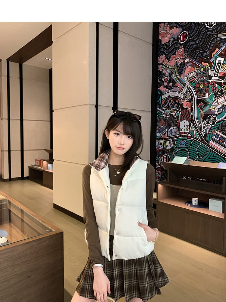한 부서 Chic 패치워크 체크무늬 스탠드 칼라 베스트 면 의류 여성 작은 키 겨울 두꺼운 보온 방풍 면 옷 재킷 상세 이미지 4