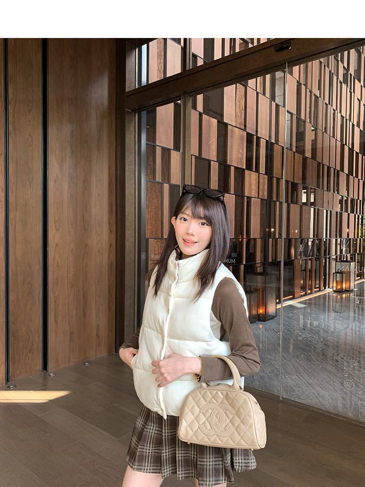 한 부서 Chic 패치워크 체크무늬 스탠드 칼라 베스트 면 의류 여성 작은 키 겨울 두꺼운 보온 방풍 면 옷 재킷 상세 이미지 8