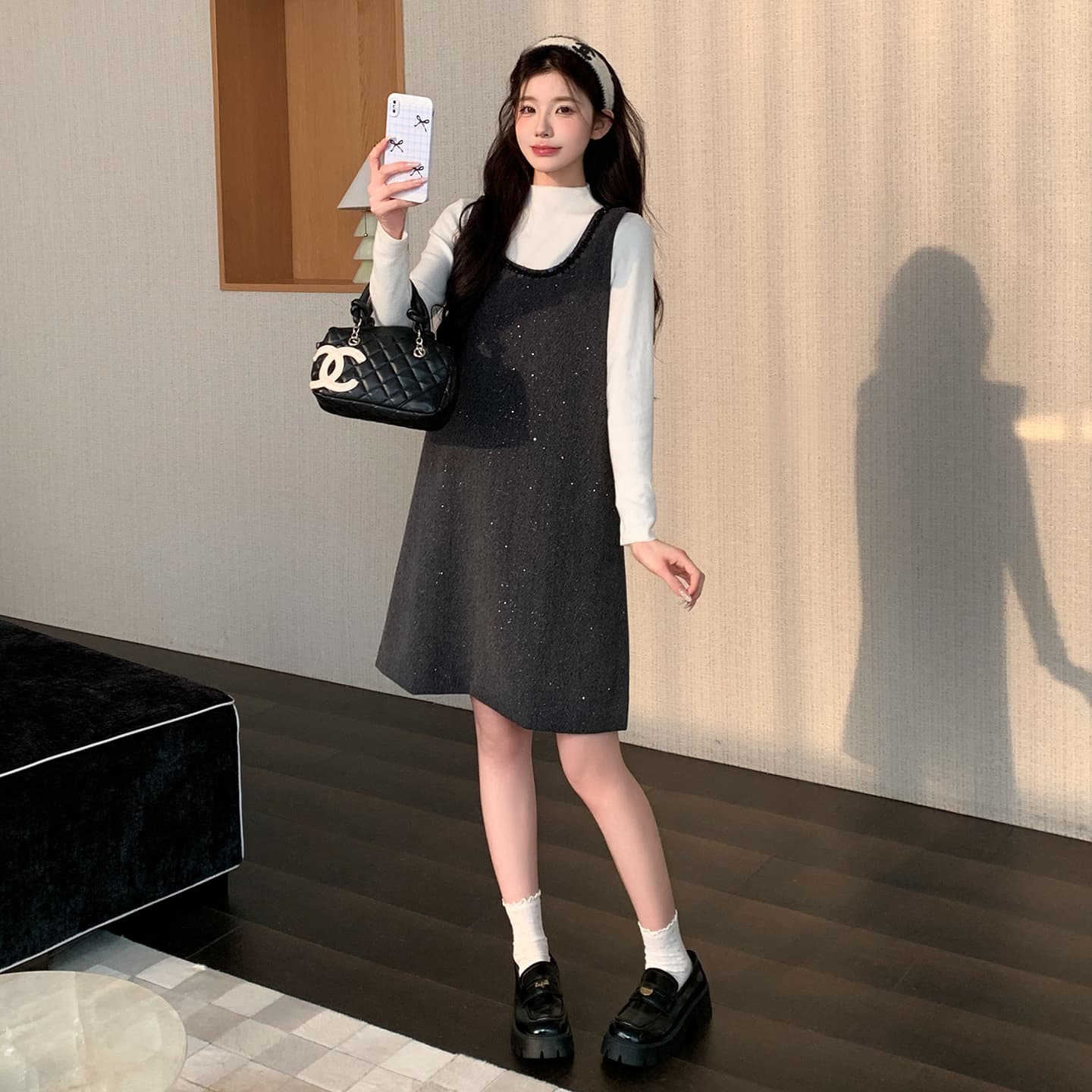 질량 지금 지금 실사 2026 가을 겨울 작은 샤넬 스타일 u 칼라 스팽글 모직 조끼 스커트 투피스 세트 출산 스커트 이미지 6