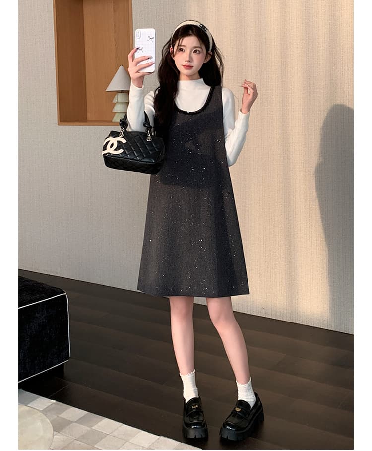 질량 지금 지금 실사 2026 가을 겨울 작은 샤넬 스타일 u 칼라 스팽글 모직 조끼 스커트 투피스 세트 출산 스커트 상세 이미지 9