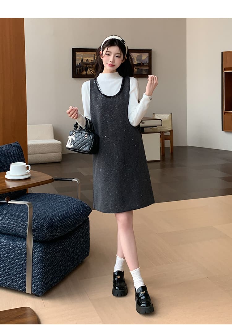 질량 지금 지금 실사 2026 가을 겨울 작은 샤넬 스타일 u 칼라 스팽글 모직 조끼 스커트 투피스 세트 출산 스커트 상세 이미지 18