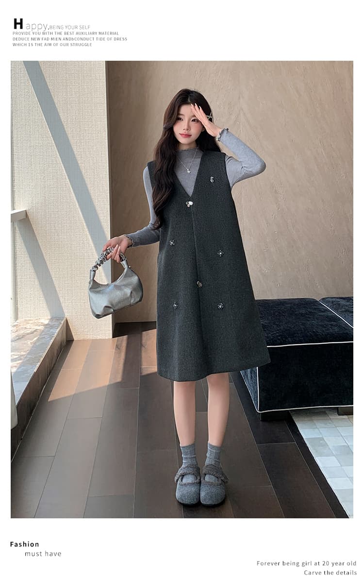 질량 지금 지금 실사 2026 새로운 가을 겨울 패션 주문 구슬 V넥 작은 샤넬 스타일 임산부 두 조각 치마 상세 이미지 17