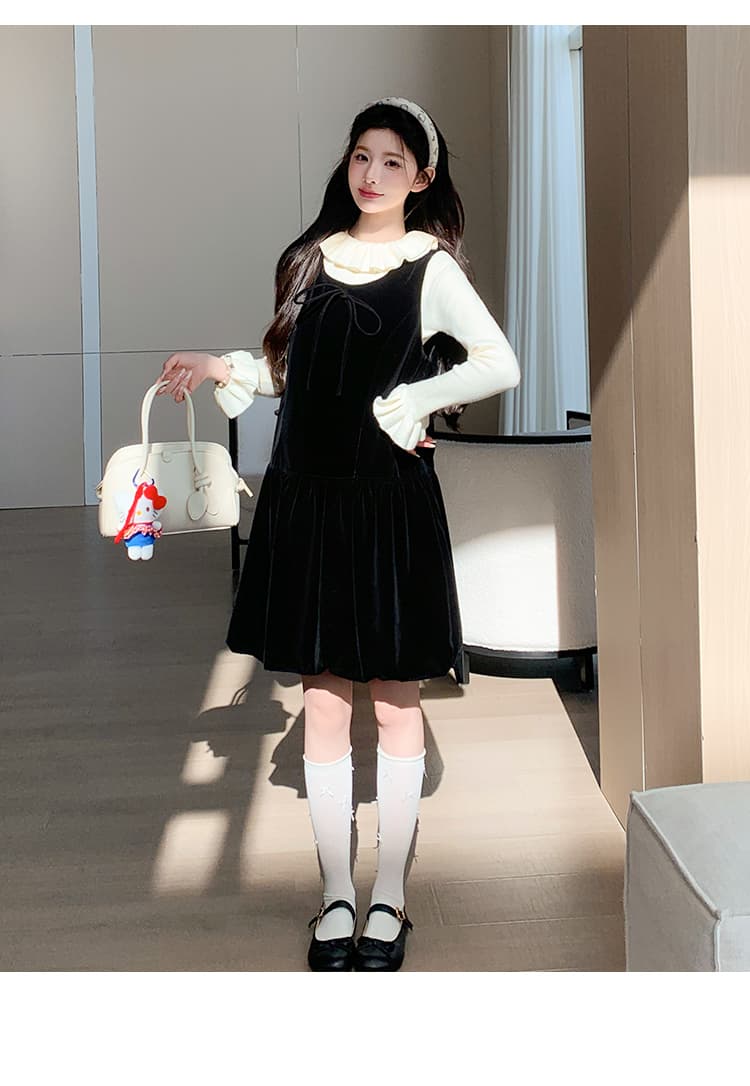 질량 지금 지금 실사 2026 가을 겨울 새로운 벨벳 부서 나비 매듭 퍼프 꽃밭 치마 임산부 투피스 세트 상세 이미지 23