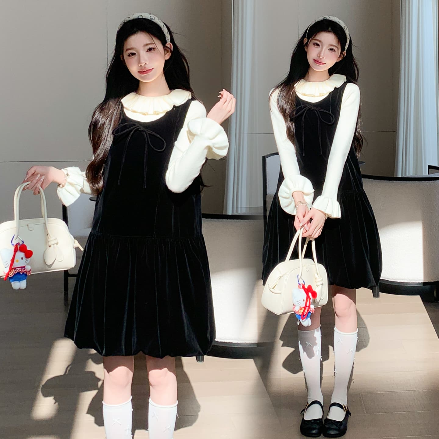 질량 지금 지금 실사 2026 가을 겨울 새로운 벨벳 부서 나비 매듭 퍼프 꽃밭 치마 임산부 투피스 세트 이미지 3