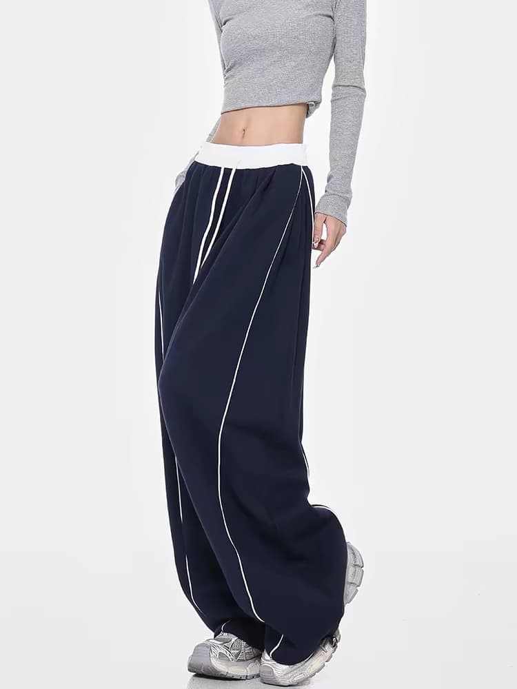 봄 가을 파란색 펌프 로프 캐주얼 운동 바지 여성 루즈핏 슬림해 보이는 다용도 넓은 다리 바닥 청소 바지 상세 이미지 2