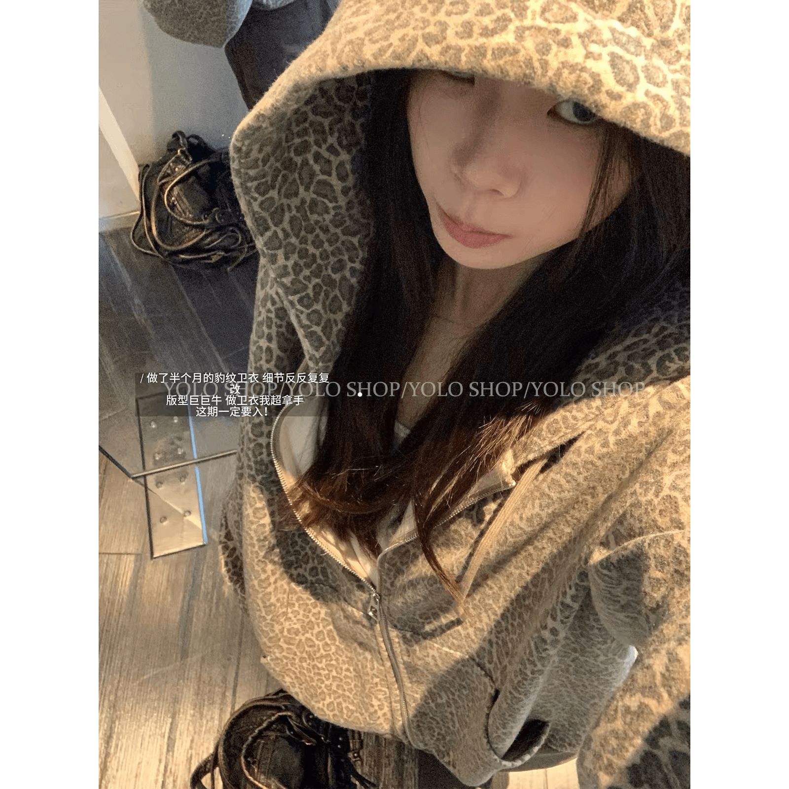 yolo shop 연삭 털 안개 센스 레오파드 무늬 루즈핏 후드 티 스웨터 여성 가을 겨울 얇은 플러시 아메리칸 무거운 작업 재킷 이미지 5