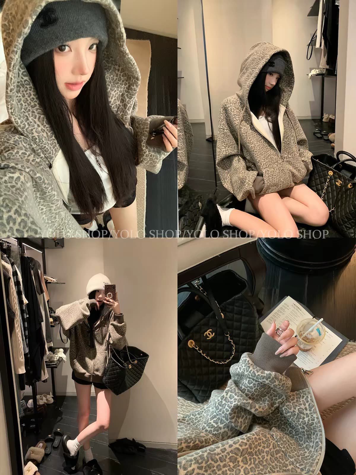 yolo shop 연삭 털 안개 센스 레오파드 무늬 루즈핏 후드 티 스웨터 여성 가을 겨울 얇은 플러시 아메리칸 무거운 작업 재킷 상세 이미지 1