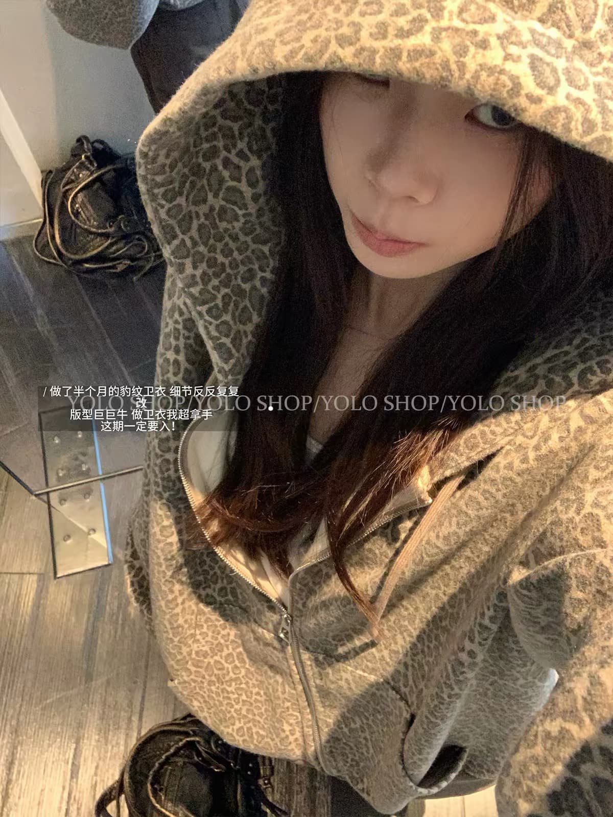 yolo shop 연삭 털 안개 센스 레오파드 무늬 루즈핏 후드 티 스웨터 여성 가을 겨울 얇은 플러시 아메리칸 무거운 작업 재킷 상세 이미지 4
