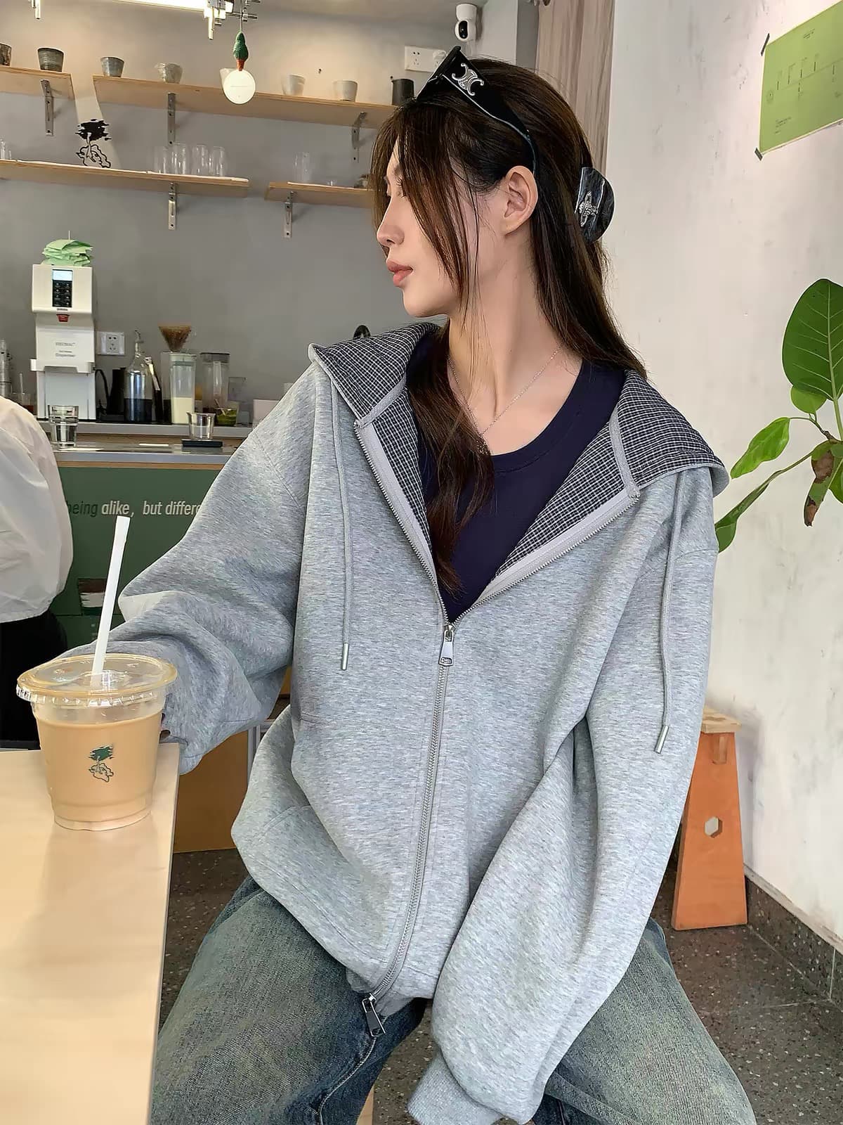 체크무늬 패치워크 디자인 느긋한 후드 티 스웨터 여성 가을 miu 부서 회색 지퍼 작은 대중 카디건 코트 이미지 2